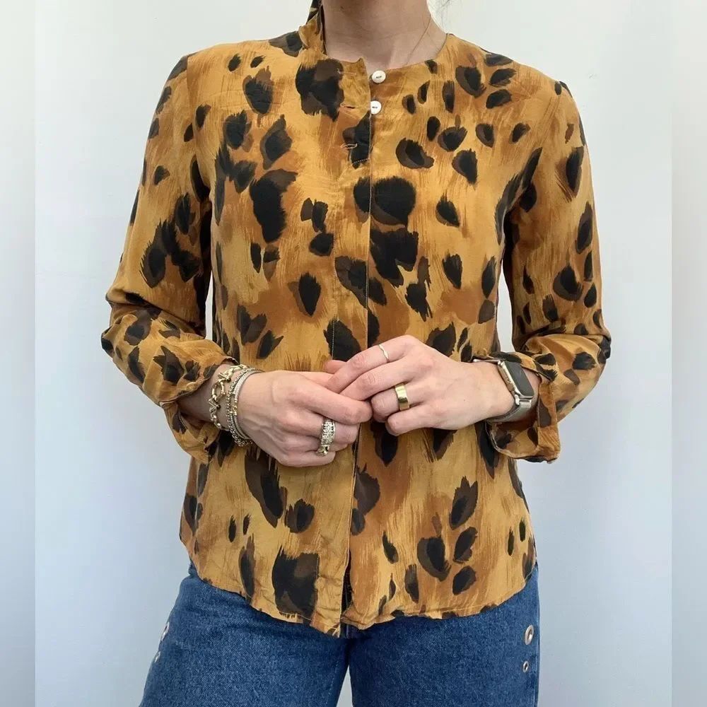 Vintage 90's Leopard Print Doe Print Brown 100% Silk Lightweight Button Front S
